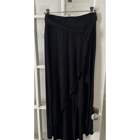 Midi Black Faux Wrap Skirt Womens Medium Stretch Pull On Elastic Waist - Picture 1 of 10
